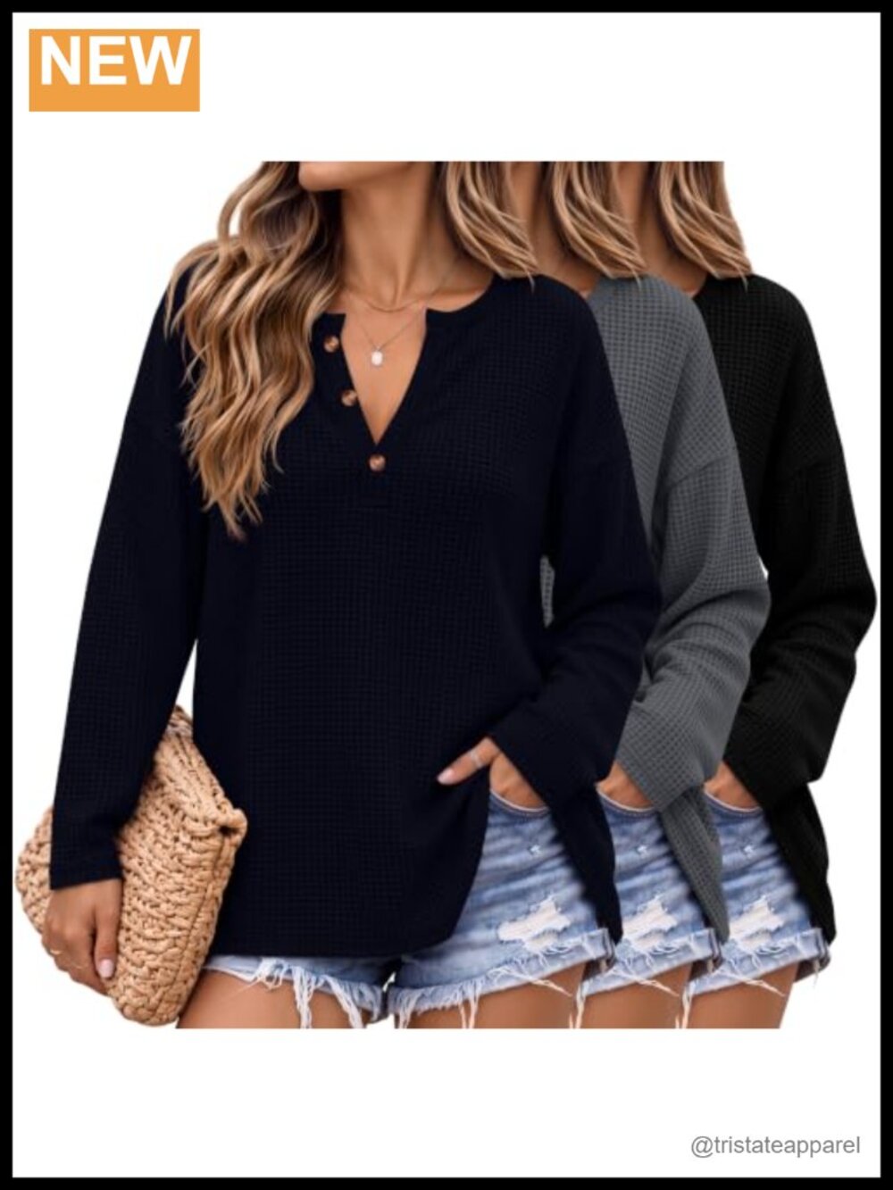 Women's Oversized Waffle Knit Henley Long Sleeve Shirt Top
